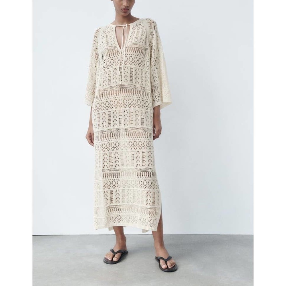 ZARA Crochet Maxi Dress Sheer Open Knit Long Sleeve Beach Cover Up Dress, Cream